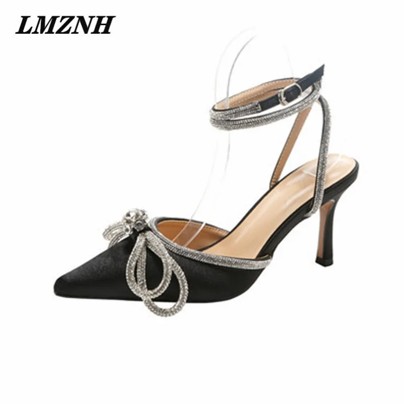 

LMZNH Brand All-Match Women's High Heels Pointed Toe Rhinestone Buckle Strap Sandals Women 2021 Summer Wedding Designer Shoes