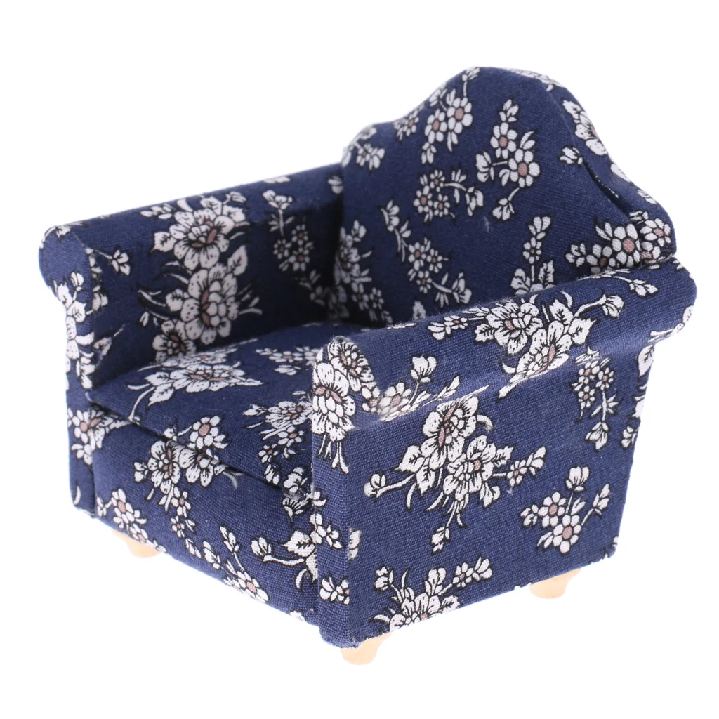 

1/12 Dollhouse Furniture Living Room Sofa Armchairs Cushions Pillows Blue
