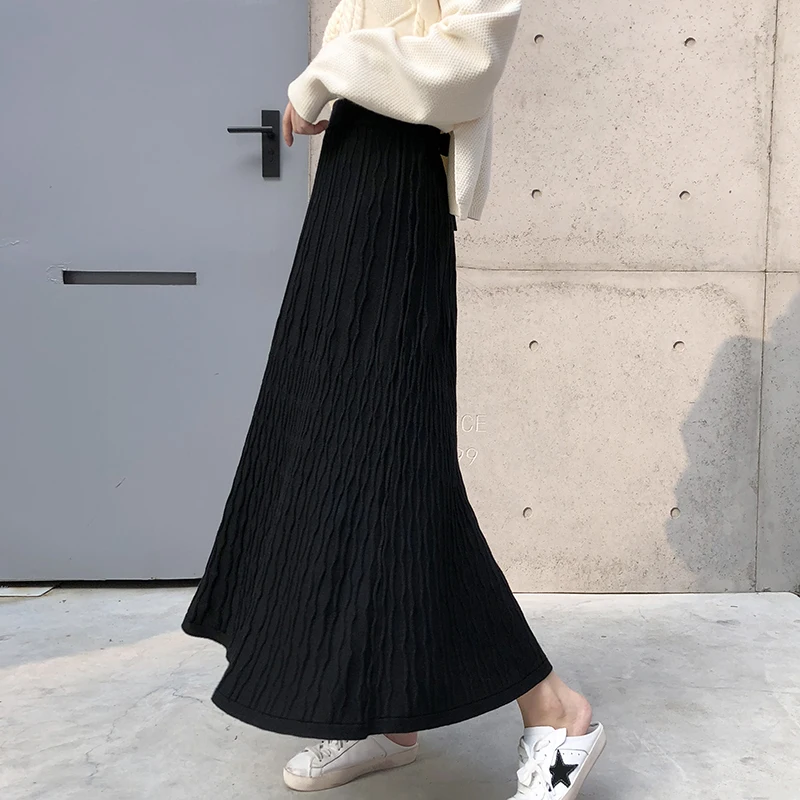 2019 зимняя женская трикотажная миди юбка в Корейском стиле однотонная Теплая с