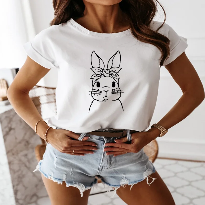 

Summer Women T Shirt Cotton 100% Short Sleeve Little Rabbit Printed Female Fashion Kawaii Graphic Clothes Ladies O-Neck Tee Tops