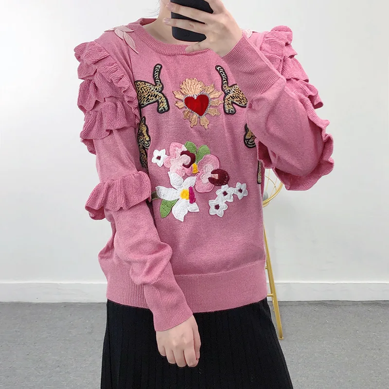 

Женский трикотажный джемпер с вышивкой, пуловер с трехмерным цветочным рукавом-бабочкой, Яркий шелковый свитер, Осень-зима 2021