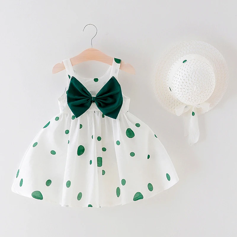 Повседневное летнее платье 3 цвета милое с большим бантом в горошек для девочек