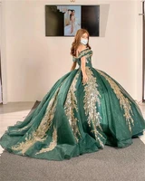 hunter green sequins quinceanera dresses with gold lace off shoulder beading sweet 16 party dress vestidos de 15 anos birthday