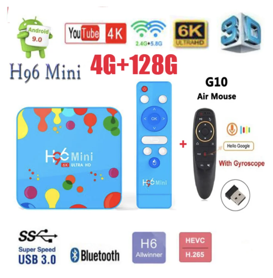 H96 мини H6 Android 9 0 ТВ коробка 6k 4 ядра 32 ГБ/128 ГБ медиаплеера 3D H.265 поддерживает bluetooth 5g