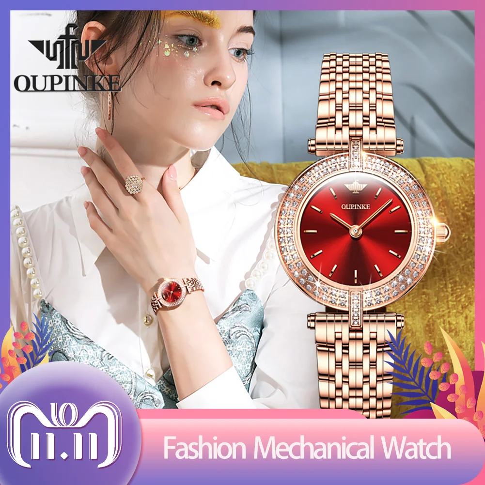 

Женские кварцевые часы OUPINKE из розового золота, Швейцарский механизм, бриллиантовая рамка, Тонкий Ультратонкий сапфировый кристалл
