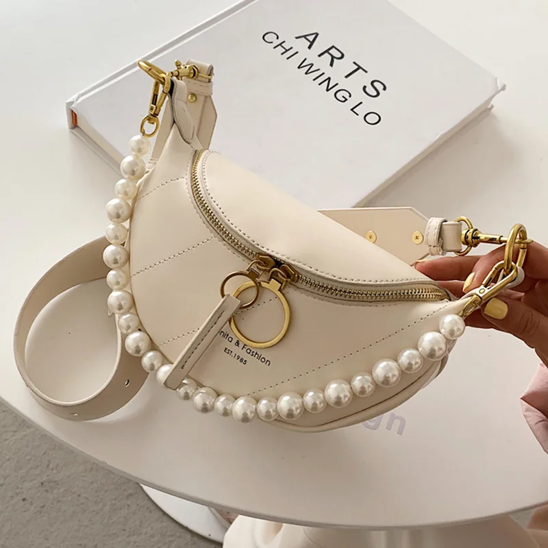 

Women Chest Bags Casual Leather Satchel Female Luxury Shoulder Bag With Pearl Chain Wide Strap Crossbody Bags For Women Totes