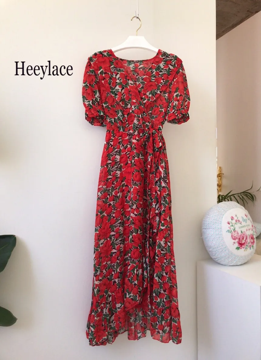 90s платье ретро с цветочным принтом женское французское v-образным вырезом и