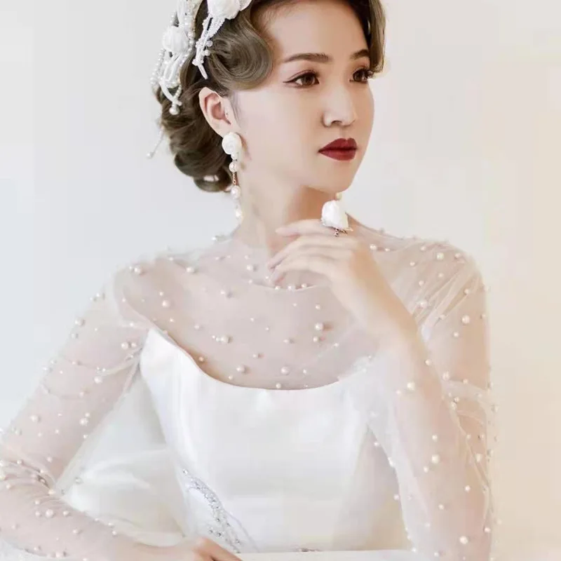 Bridal Wedding Tulle Lady Elegant Party Shawl Women Victorian Retro Blouse Romantic Pearls Long Sleeve Bolero
