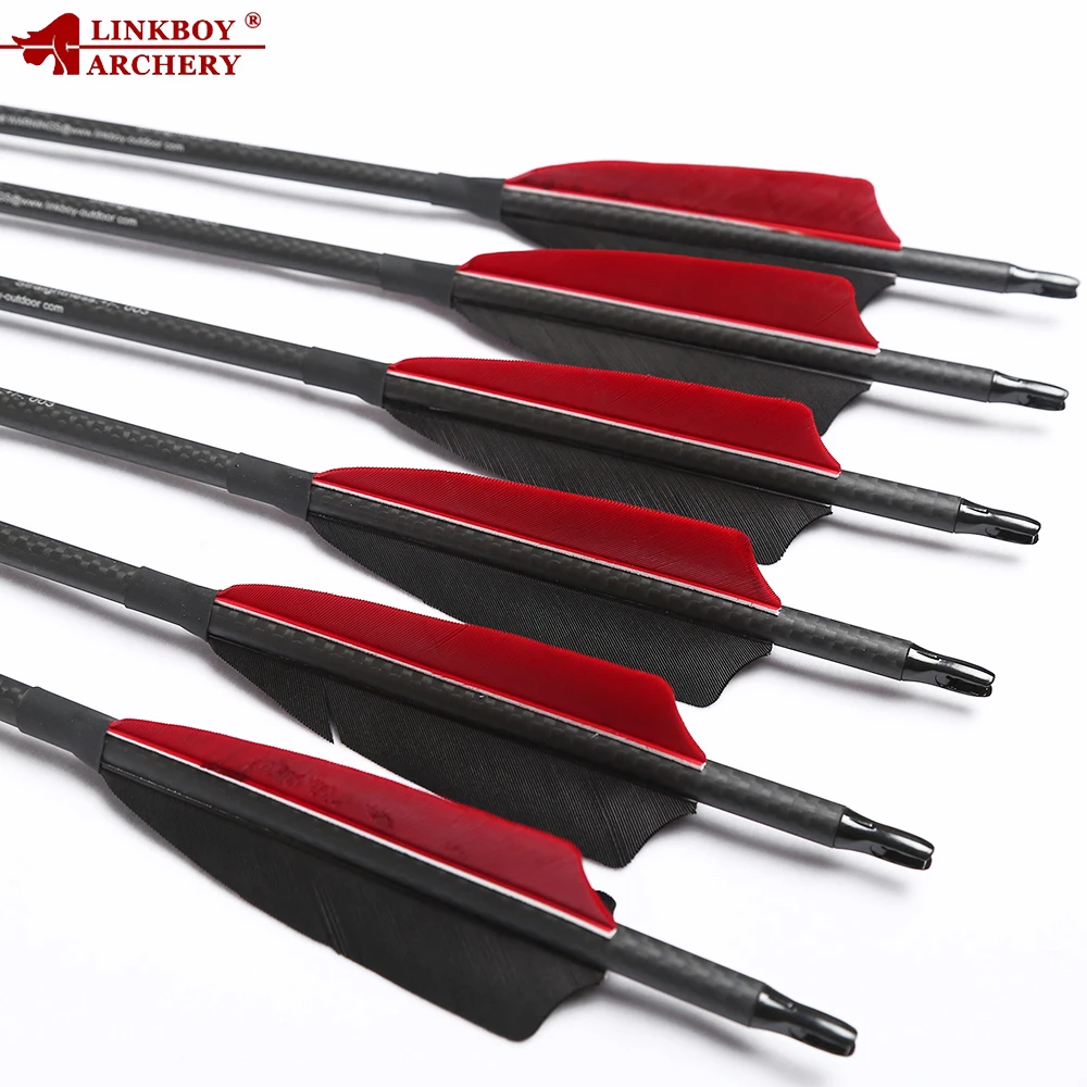 

2023 6/12pcs Linkboy Archery Pure 100% 3K Carbon Arrows ID6.2mm 32" Sp250-600 4inch Turkey Feather vanes comound Traditional Bow