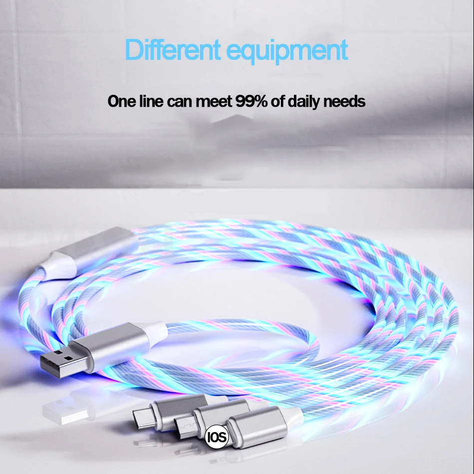3 в 1 мобильный телефон USB кабель для iPhone Micro usb type C зарядный кабель для Xiaomi samsung Быстрая зарядка светодиодный плавный свет