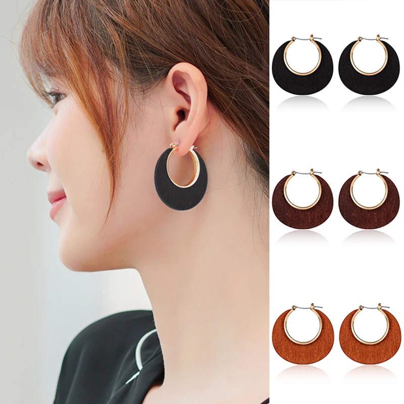 

Fashion Vintage Geometry Wood Dangle Drop Earring For Women Statement Brown Color Big Round Earrings 2020 Female Brincos Jewelry