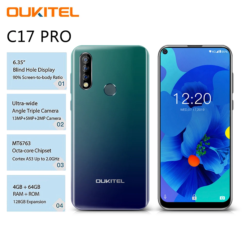 4G Смартфон OUKITEL C17 Pro 6 35 дюймов четыре ядра Cortex A53 2 0 ГГц 4 Гб ОЗУ 64 ПЗУ тройная 13 МП + 5