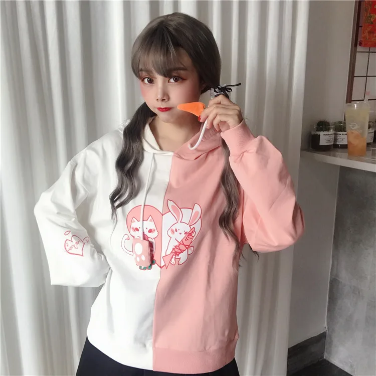 Женская толстовка Kawaii с заячьими ушками и милым кроликом котом, милая Толстовка Harajuku, мягкий розовый пуловер с аниме для девочек, спортивная одежда