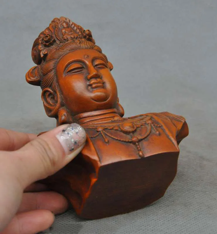 

Crafts statue old chinese Boxwood wood carved Kwan-Yin GuanYin goddess buddha bust statuee