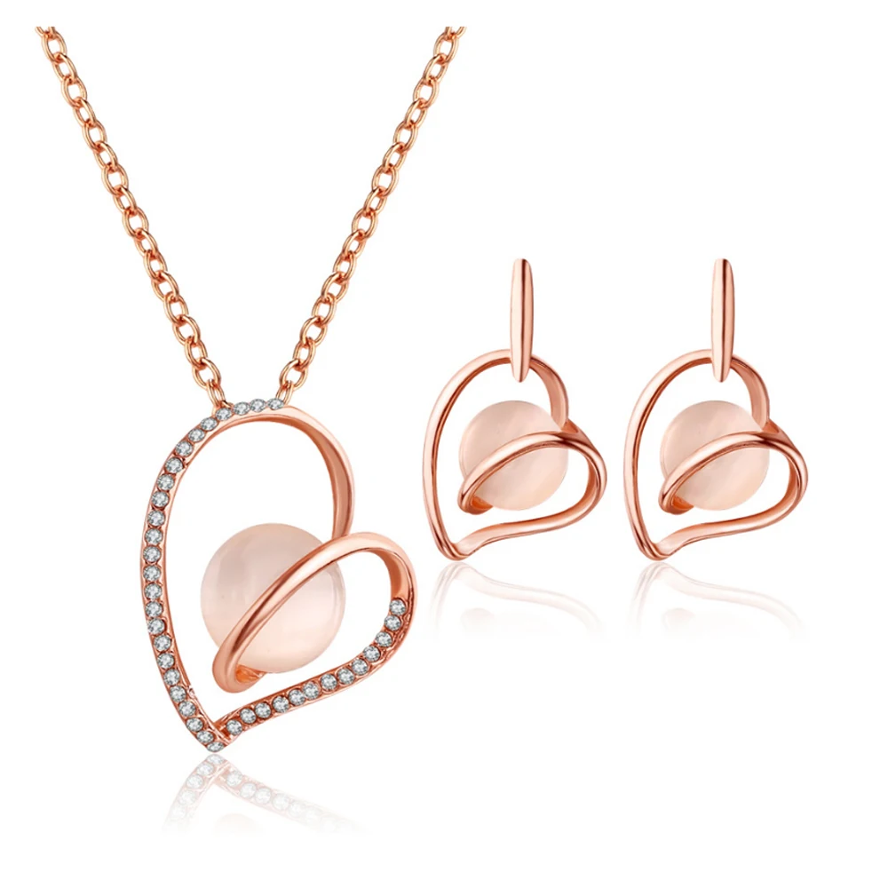 Ювелирные наборы серьги ожерелье сердце круглый розовый камень горка в виде узла
