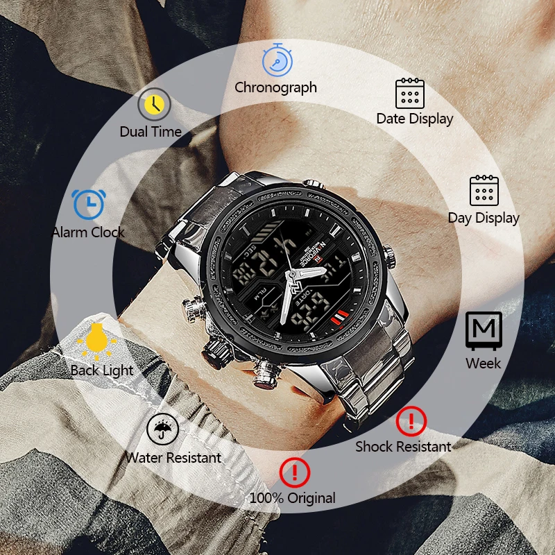 Часы наручные NAVIFORCE Мужские кварцевые роскошные полностью стальные цифровые