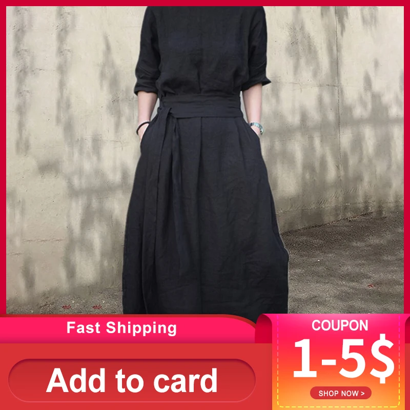 Женское длинное платье в стиле бохо однотонное черное Хлопковое трапеция до