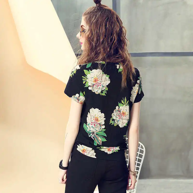 

Short-sleeved T-shirt Women 2021 Summer New Fashion Slim Slimming Wild Plant Flower Print Top