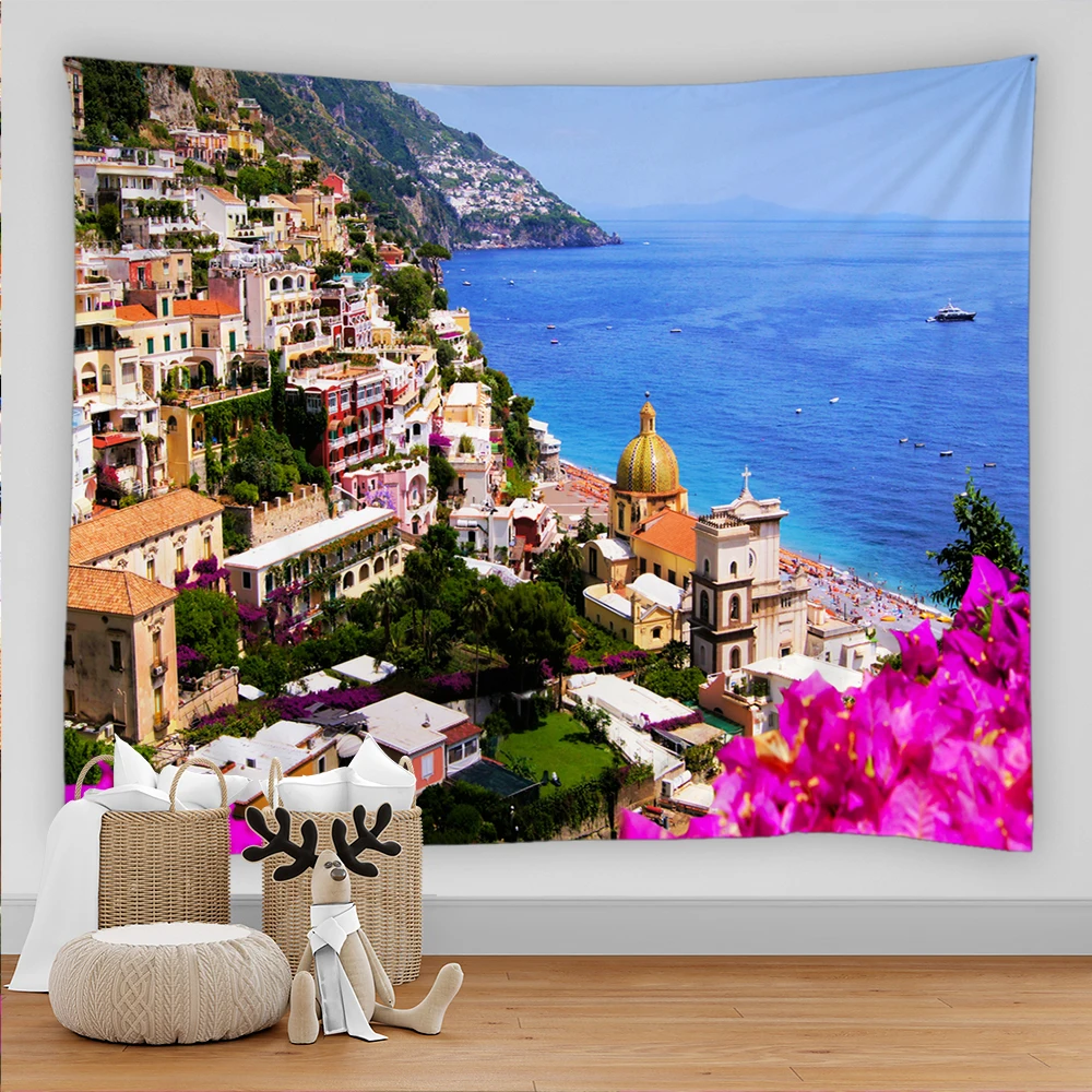 

Beautiful Blue Seaside Scenery House Printed Large Wall Tapestry Hippie Wall Hanging Bohemian Tapestries Mandala Wall Art Decor