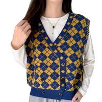 beautana knitted vest for women 2021 autumn diamond plaid v neck button wrap cardigan sweater slim knitting yarn ribbed tank top