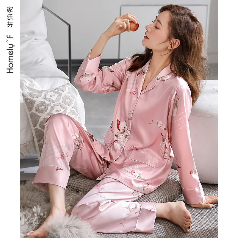 

Pajamas Women's Spring Summer Silk Ice Silk Long Sleeve Homewear Spring and Autumn Imitated Silk Fabric Thin Suit