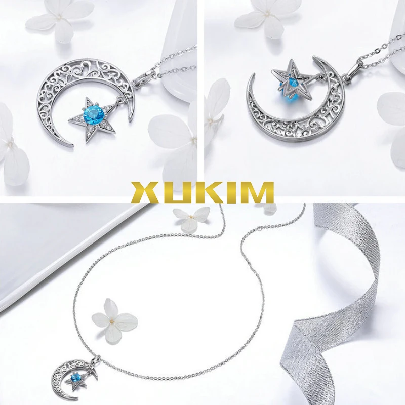 

SN806 Xukim Jewelry Moon Star Blue Crystal Necklace 925 Sterling Silver Pendant Necklace