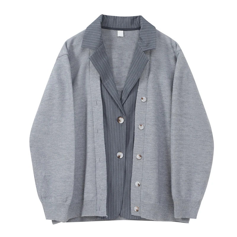 

Grey Stripes British Style Fake Two-piece Sweater Jacket Female Spring And Autumn Gray Stitching Korean Loose Knitted Cardigan