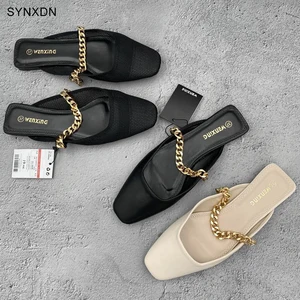 Designer Outdoor Shoes woman Mules Soft Leather Flat Slippers Metal Chain Spring Autumn Slides Sandals Mules Zapatos De Mujer Designer Outdoor Shoes woman Mules Soft Leather Flat Slippers Metal Chain Spring Autumn Slides Sandals Mules Zapatos De Mujer