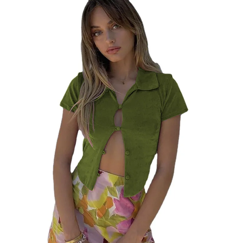 

2021 Summer Slim Crop Top Shirts Women Casual Button Crop Top Tee Fashion Vintage T Shirt Solid Party Sexy Tops for Woman