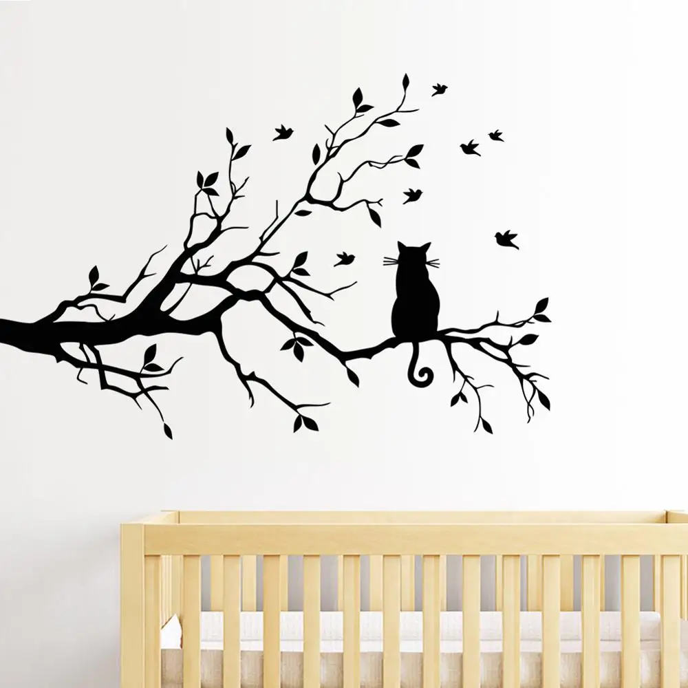 cat on a tree branch Wall Sticker Living Room sofa background bedroom home decoration art Decals wallpaper Hand carved stickers | Дом и сад