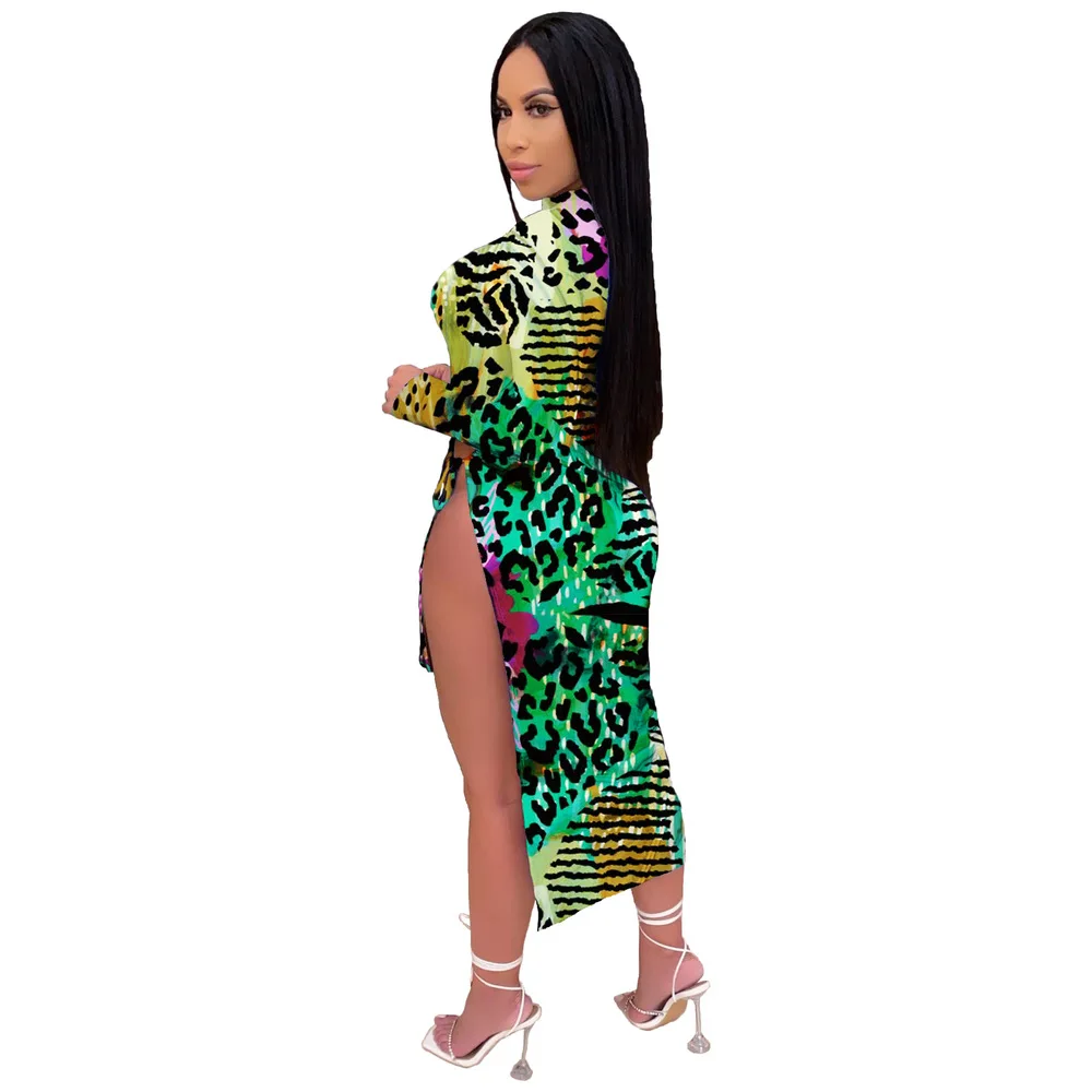 

Drawstring Waist Band Cut Out Wrap Dress Women Sexy Leopard Tie Dye Print Long Sleeve Vestidos Retro Side High Plit Party Dress