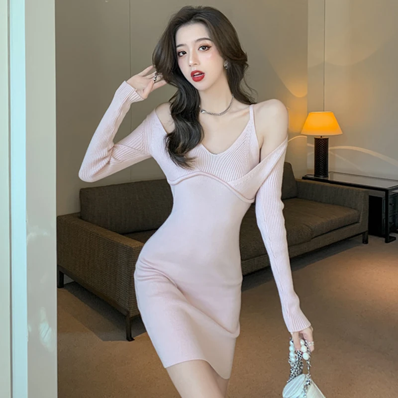 

Женское трикотажное платье на бретельках, элегантное облегающее платье-свитер средней длины в Корейском стиле