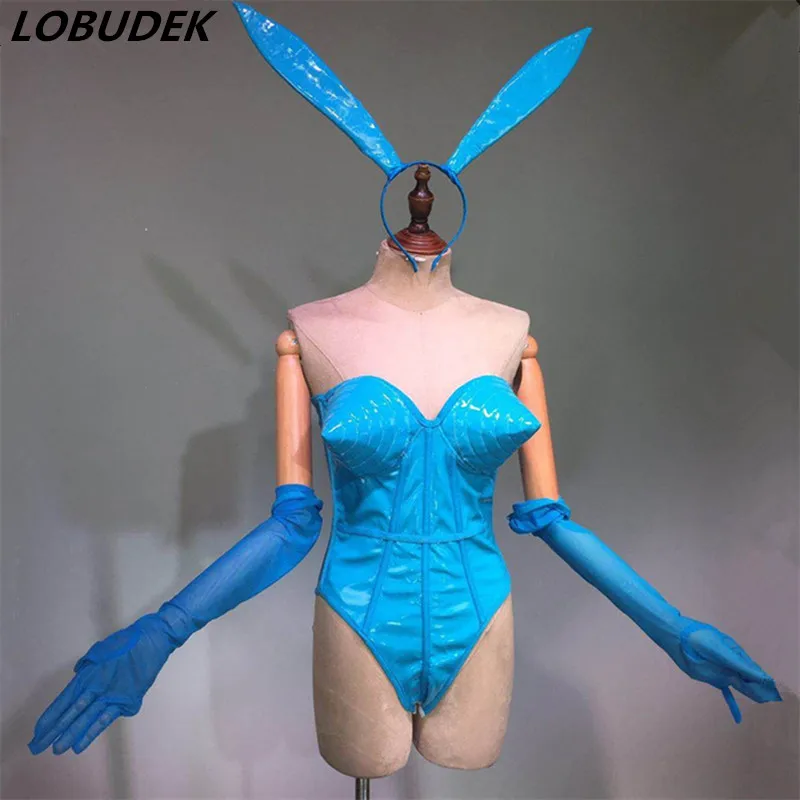 

Боди из искусственной кожи синее, перчатки из искусственной кожи, комбидресс для шоу, сцены, бара, ночного клуба, вечеринки, танцора, командн...