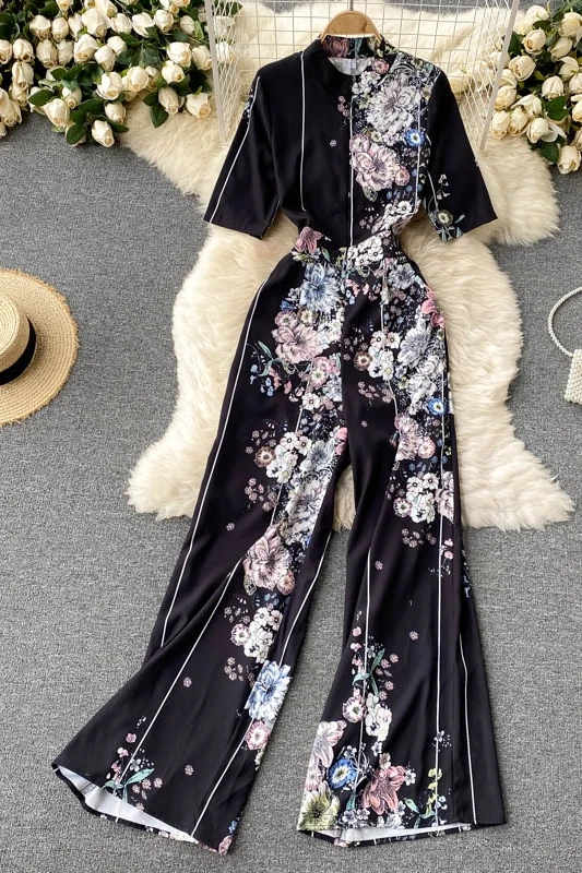 

Palace style design sense irregular printing jumpsuit professional wear temperament goddess fan slim long wide-leg pants