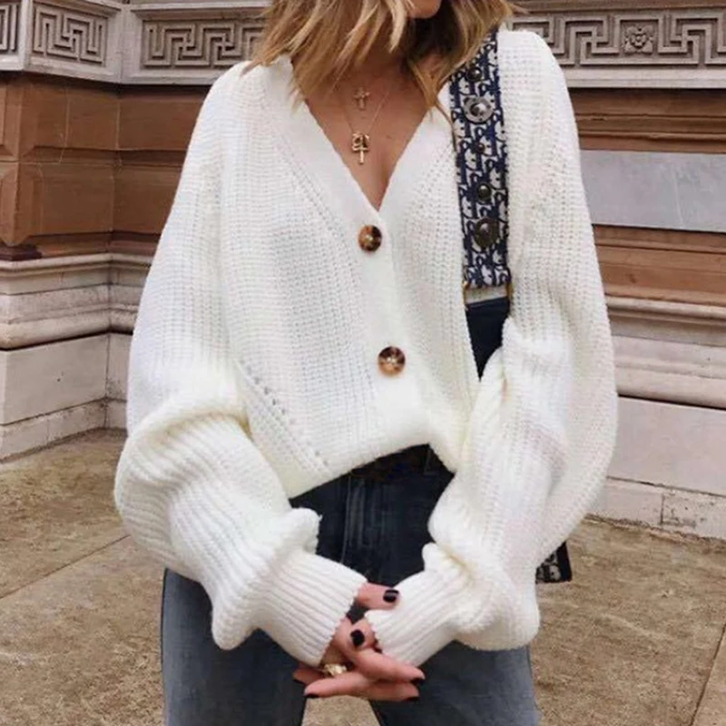 

Winter Casual Long Sleeve Knitted White Cardigan Sweater Women 2021 Autumn Jumpers Solid Basic Fashion Button V Neck Sweater 2XL