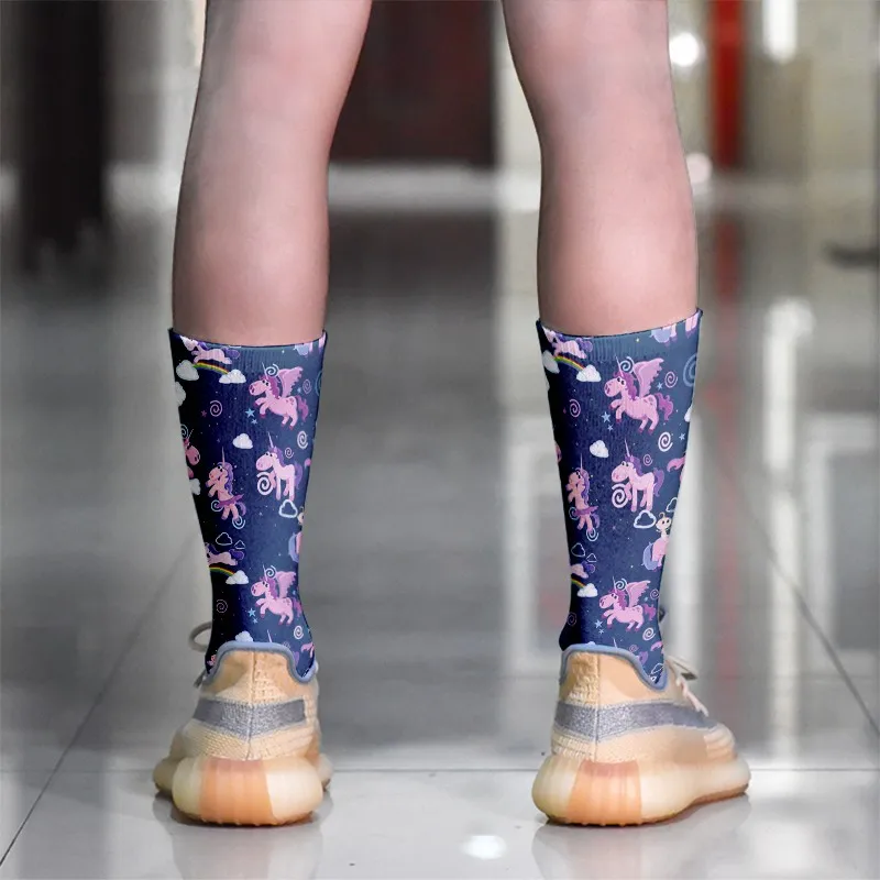 Милые женские носки с принтом единорога розовые длинные в стиле Харадзюку для