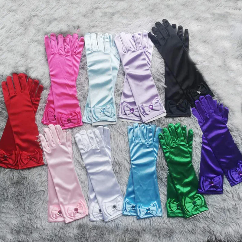 

Children Long Gloves Princess Dance Performance Stage Gloves Satin Sequins Bow Glove Solid Full Finger Mittens Birthday Gifts
