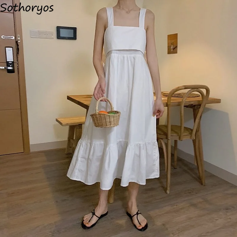 

Women Sleeveless Dresses Solid Midi Dress Spaghetti Strap Bow Backless Sweet Elegant Ruffles Sexy Tender Vestidos Fairy Lovely