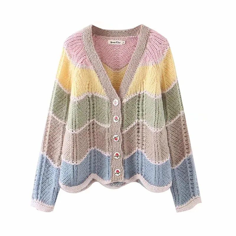 Женский трикотажный свитер Радужный в полоску с V-образным вырезом и пуговицами