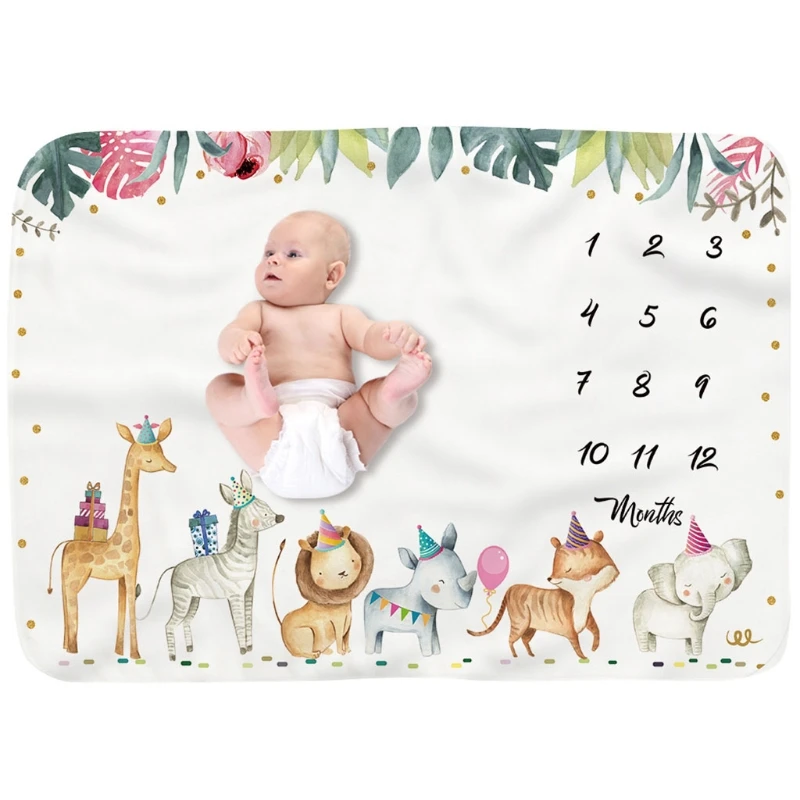 

Baby Monthly Record Growth Milestone Blanket Newborn Soft Flannel Cartoon Animal Printed Swaddle Wrap Photography Props