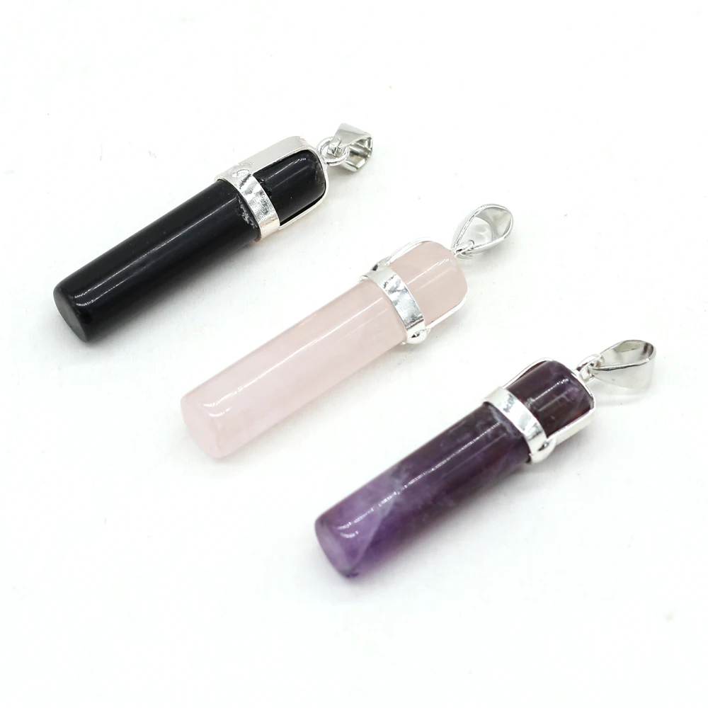 

1PCS Natural Stone Rose Quartz Crystal Amethyst Agates Cylinder Pendant Gem Stone Necklace Fashion Charms Pendant