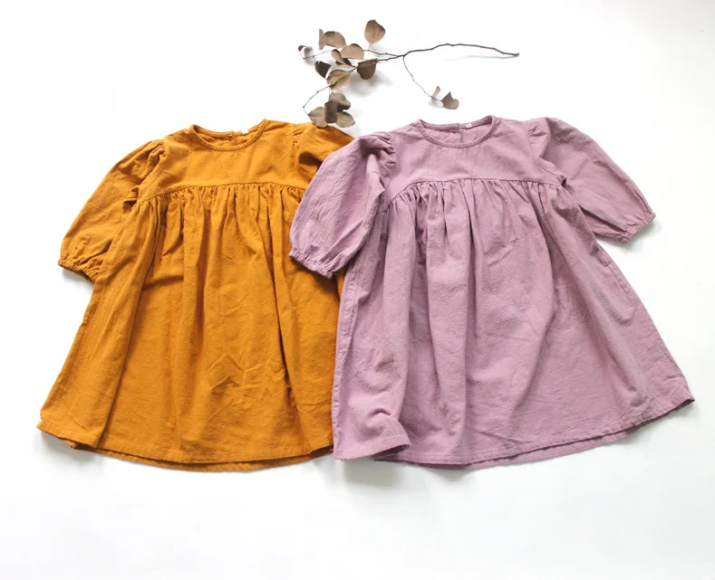 Autumn Winter New Korean Style Baby Girls Cotton Linen Dress Pure Color Loose Children Dresses Kids Robe | Детская одежда и обувь