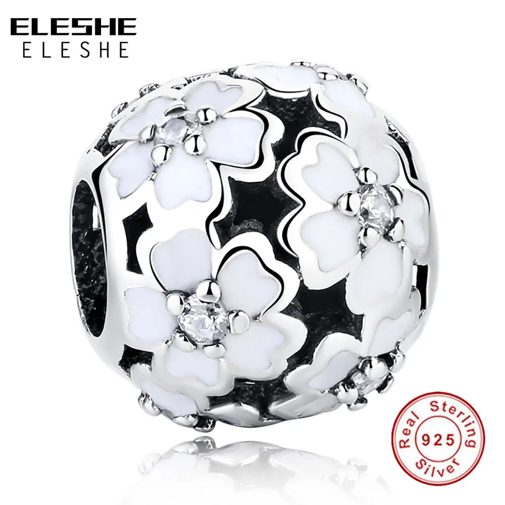 Модные ажурные бусины из серебра 925 пробы цветок белой эмали циркониевые