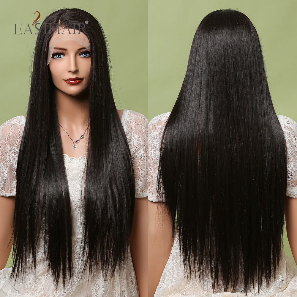 EASIHAIR Dark Brown Lace Front Synthetic Wigs with Baby Hair Long Black Straight Heat Resistant Women's Lace Wigs High Density