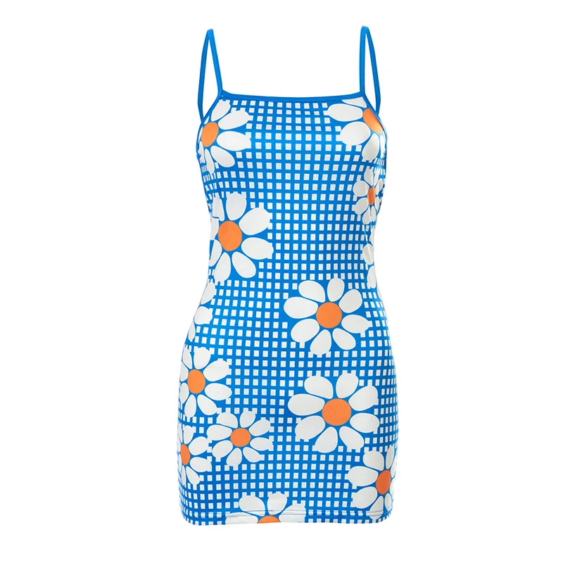 

Blue Floral Knitted Mini Backless Dress Women 2021 Sleeveless Beach Casual Y2K Off Shoulder Sexy Party Bodycon Dresses