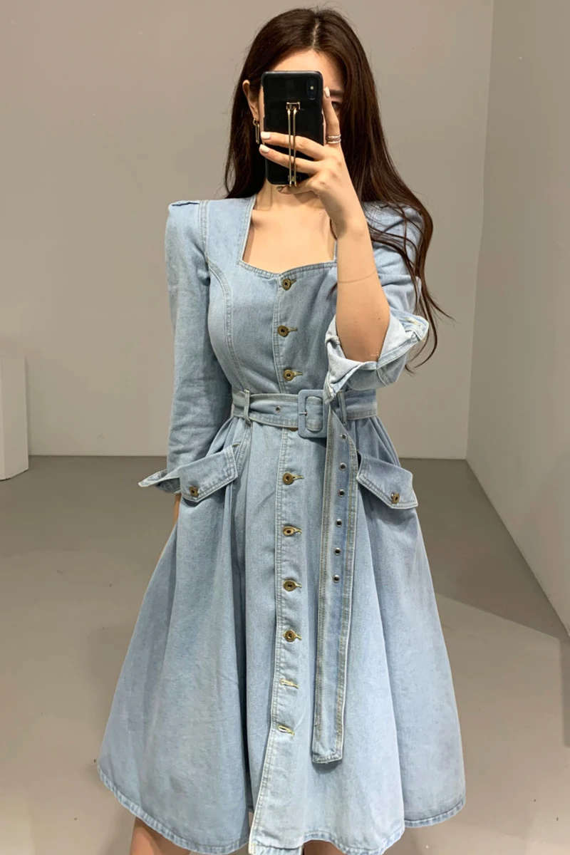 

Woman Denim Dress Square Collar Long Sleeve High Waist Single Breasted Large Pocket Slim Dresses Chic Mid-Calf Dress With Sashes