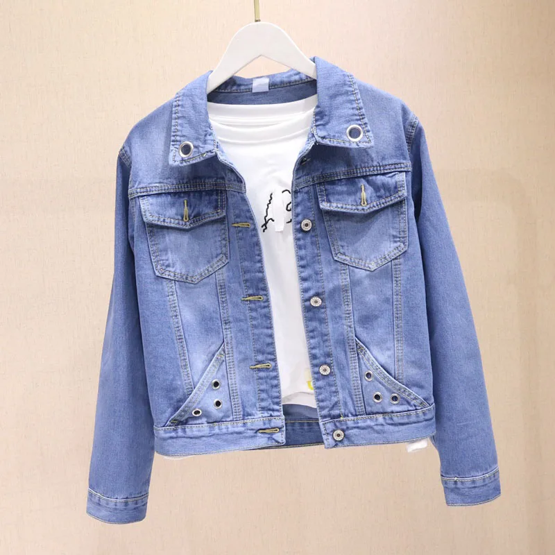

Korean Slim Long sleeve Female Washed Blue Denim jacket Spring 2021 Harajuku Short Outwear Veste Femme Casual Women Jeans Jacket