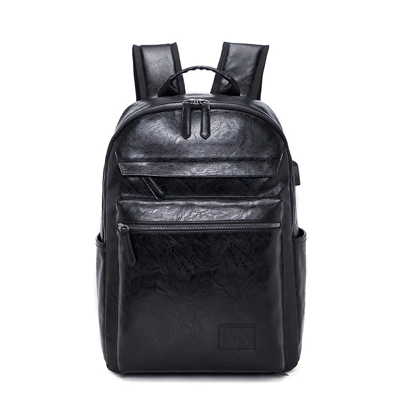 New business men's backpack student casual bag PU leather travel backpack external USB backpack male