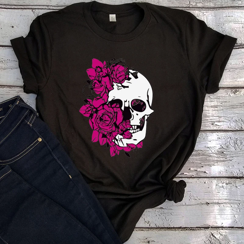 

Skull Roses Graphic Tees Halloween Pumpkin Clothes 2021 Fashion Women Movie Classic Tops Punk Skull Shirt Women Sexy XL