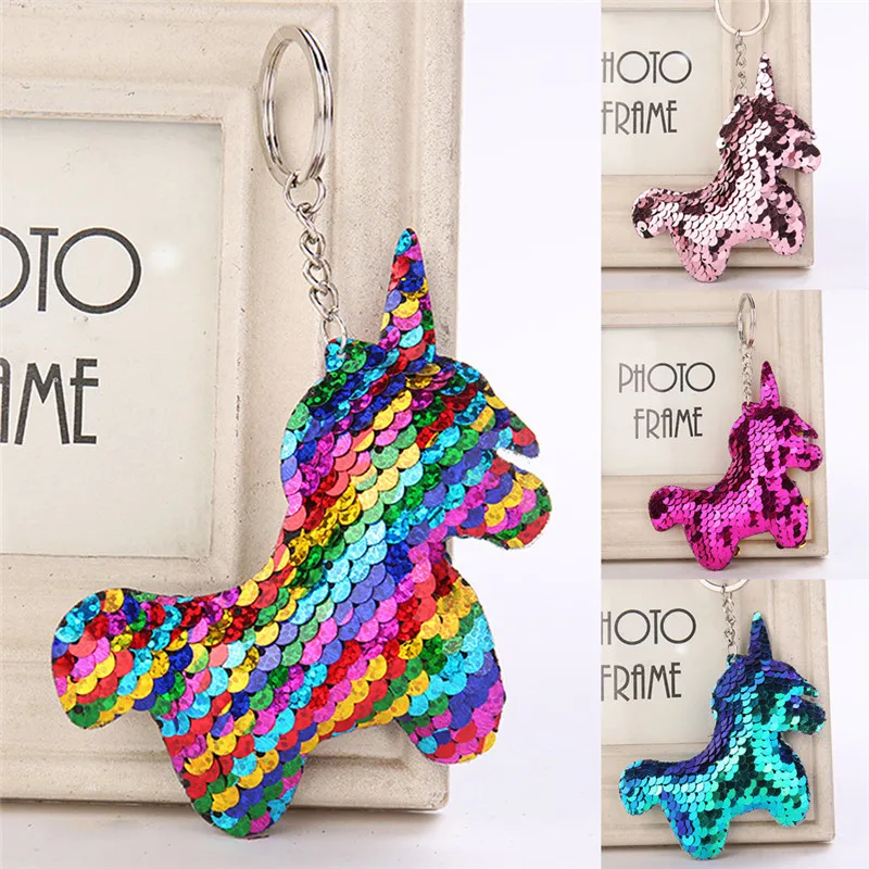

Charms Car Bag Accessories Horse Key Chain Cute Shiny Unicorn Horn Glitter Pompom Mermaid Sequins Key Ring Gifts for Women